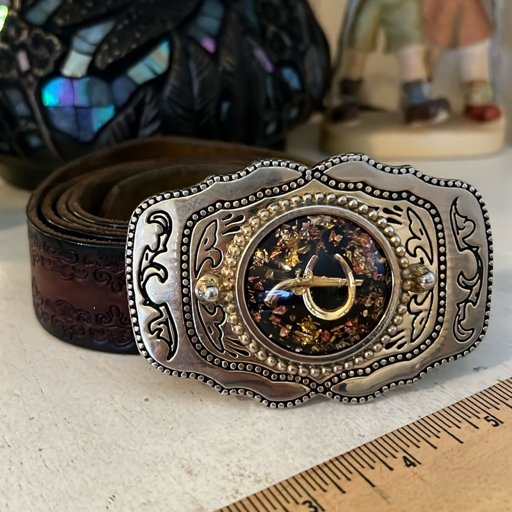 Vintage western lucite & metal cowboy leather belt & buckle
